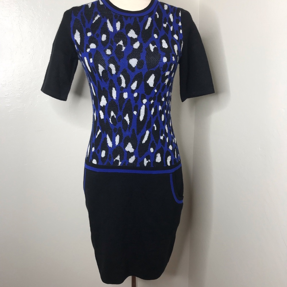 Trina Turk Black Blue Animal Print Sweater Dress